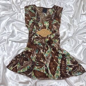 y2k Sleeveless Top Brown Excellent Tropical Palm Print Beaded Medallion i.t.b. M